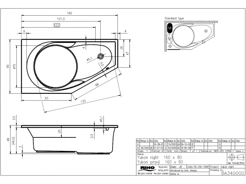 Riho Yukon bad rechts 160x90 wit BA34005
