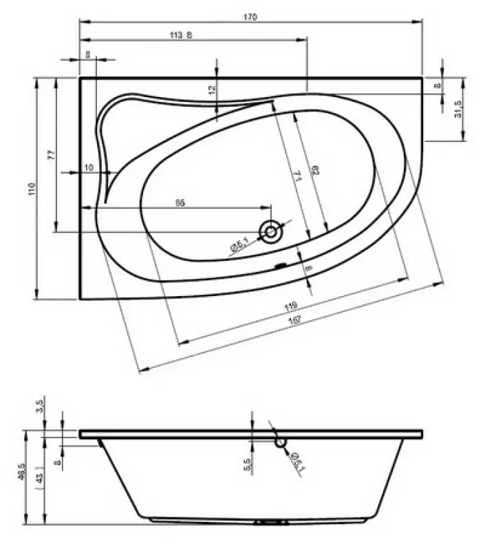 Riho Lyra bad rechts 170x110 wit BA63005