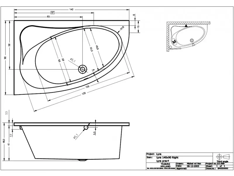 Riho Lyra bad rechts 140x90 wit BA65005
