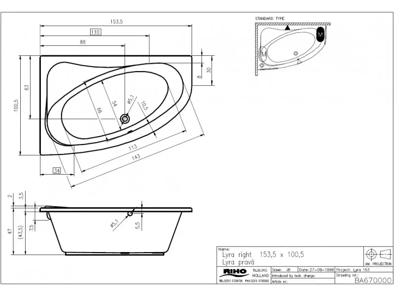 Riho Lyra bad rechts 153,5x100,5 wit BA67005