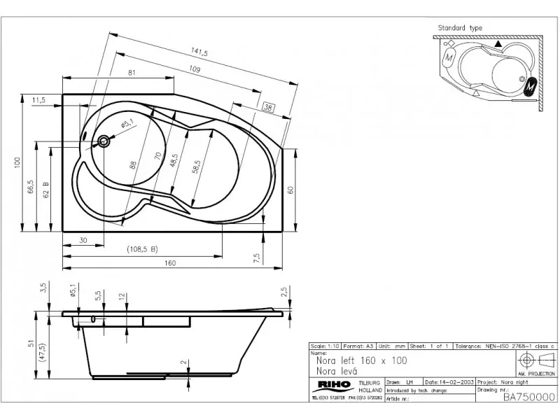 Riho Nora bad rechts 160x100 wit BA74005