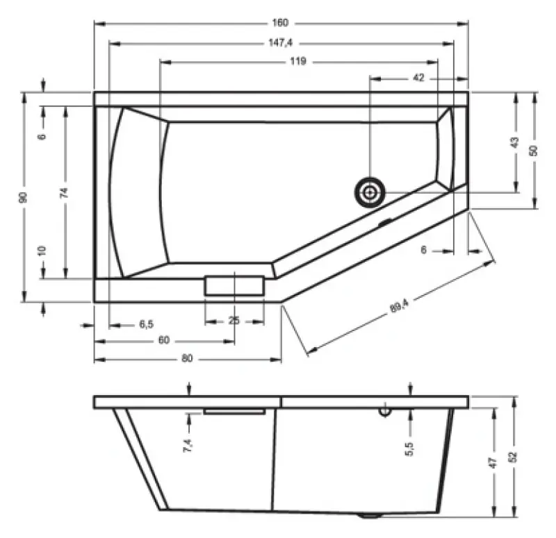 Riho Geta bad rechts 160x90 wit BA86005