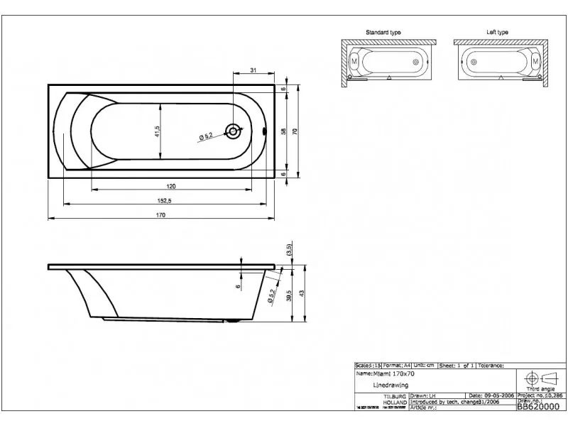 Riho Miami bad 170x70 wit BB62005