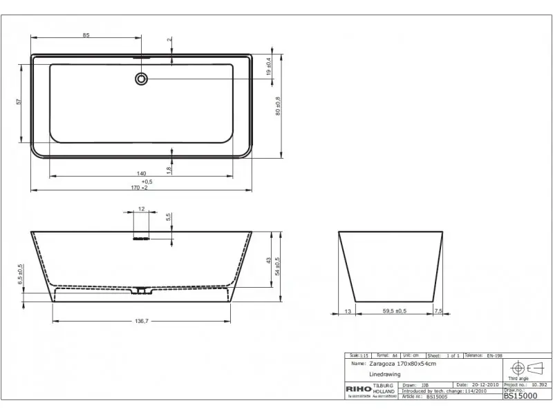 Riho Zaragoza vrijstaand bad 170x80 solid surface mat wit BS15005